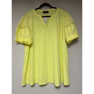 Lane Bryant Slub Knit Top Women 14/16 Neon Yellow NWT Puff Sleeve Pintuck Lace